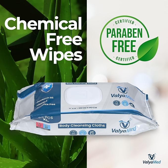 ValyaMed Body Wipes for Adults, XL for full Body, Adult and Elderly, Alcohol-Free Incontinence, Paraben Free, Fragrance-Free, Vitamin E, Provitamin B5-11'' x 8'' (96 Count - Single Pack)