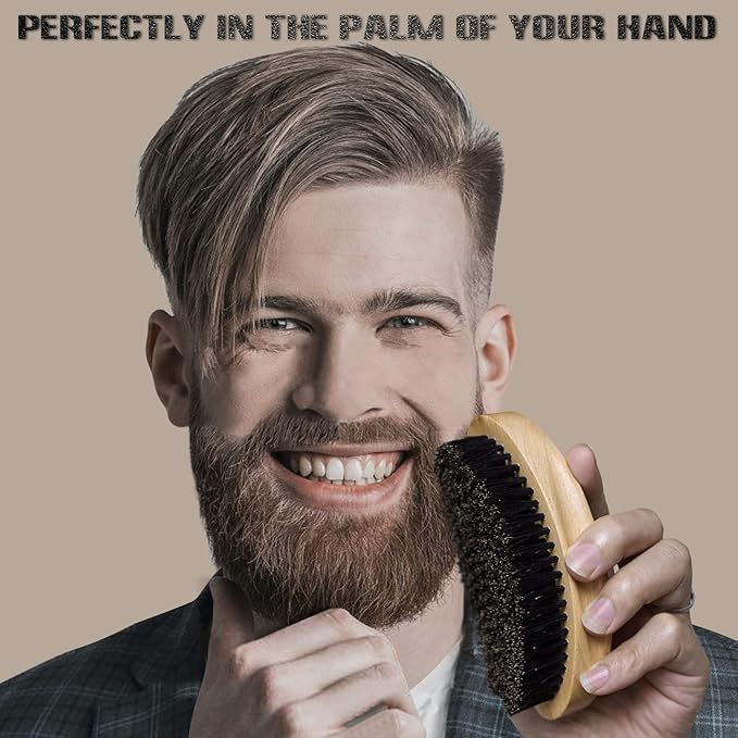 Aosina Soft 360 Wave Brush for Men, 100% Pure Boar Bristle Hair Brush for Men, Beech Wood Curved Palm Brush for Fresh Cuts, Beginners, Short Hair Waves & Beard Grooming
