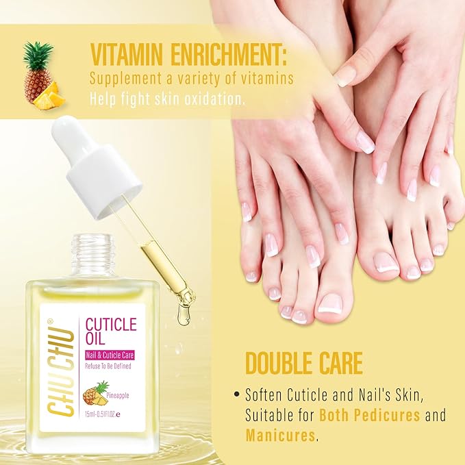 CHUCHU Vegan Cuticle Oil for Nail: Pineapple Scent Natural Vitamin B & E Nail Oil - Hydrates Moisturizes Repairs for Nails Damage Dry Cuticle 0.51 Fl Oz