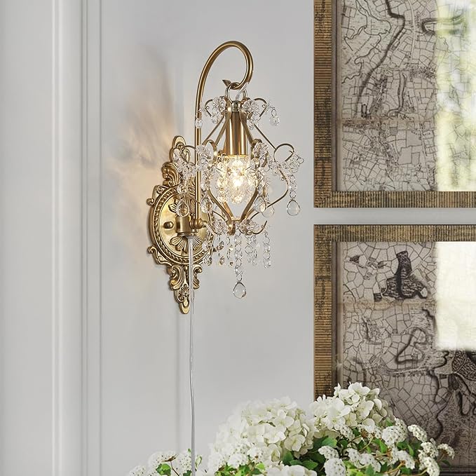 Gold Crystal Vintage Plug in Wall Sconces Set of 2 Indoor Wall Light Fixture, Modern Wall Mount Lamp Light for Bedroom Living Room Bathroom Vanity Light Hallway Light Fixture LED E12