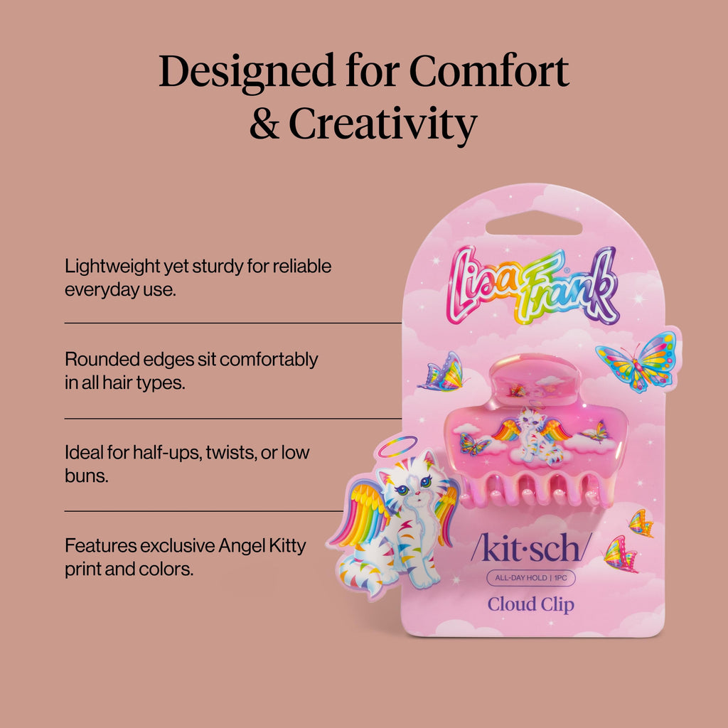 Lisa Frank x Kitsch Medium Cloud Hair Clip for Women - Lightweight & Sturdy Claw Clip with Rounded Edges for Comfortable Hold, Ideal for Half-Up Hairstyles & Low Buns - Angel Kitty