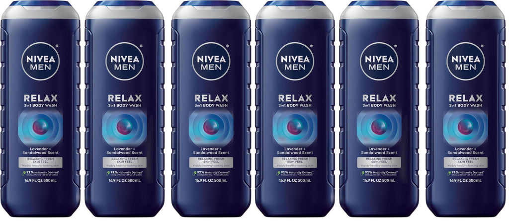 Nivea Men Relax 3-in-1 Body Wash, Lavender and Sandalwood Scented Men's Body Wash Cleanses Face, Body and Hair, 16.9 Fl Oz Bottle, Pack of 6