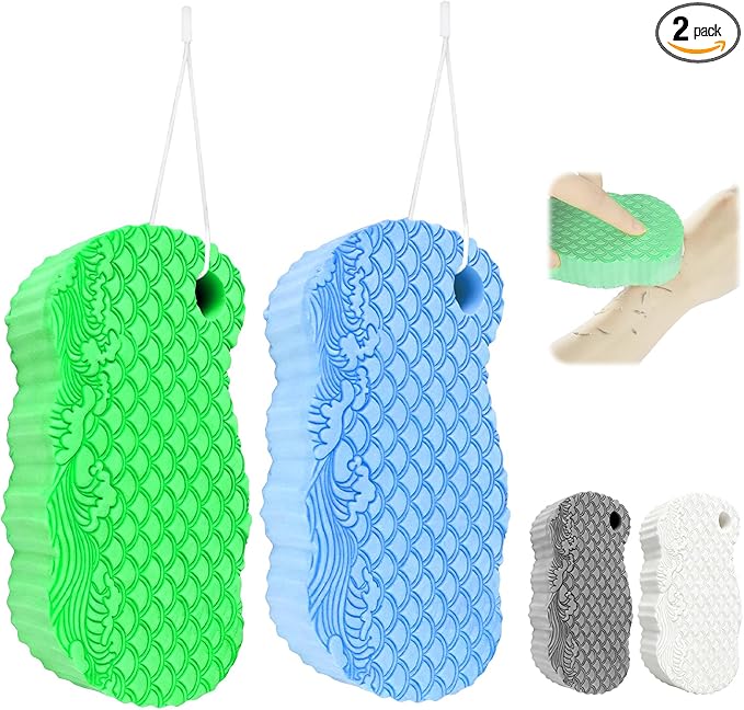 2Pcs Magic Exfoliating Bath Sponge, 3D Ultra Soft Deep Cleansing Body Sponge with Lanyard, Gently and Painlessly Removes Dead Skin & Impurities, Skin Friendly Reusable Sponges (Blue + Dark Green)