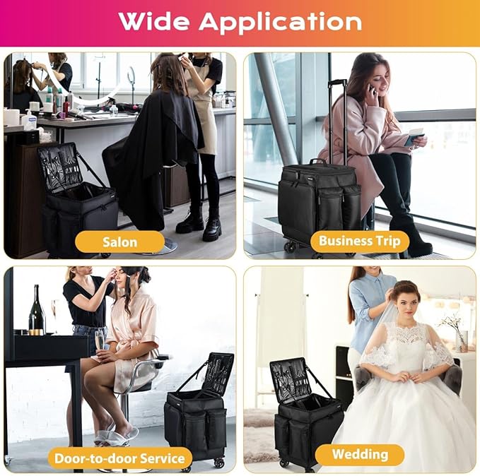 BYOOTIQUE 2in1 Soft Sided Rolling Makeup Train Case Travel Backpack For Hair Stylist Tools Curling Iron Straightener Salon Barber Shop, Black