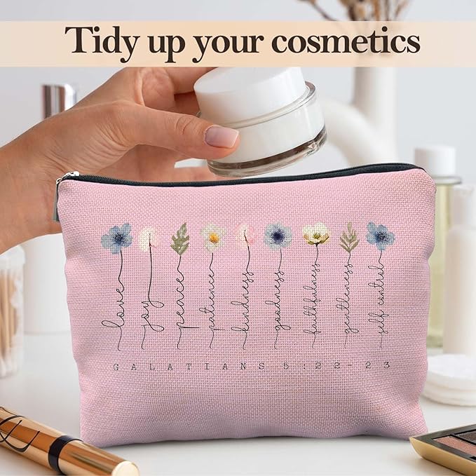 Likjad Christian Gifts Makeup Bag, Floral Christian Cosmetic Bags for Women, Galatians 5:22-23 Bible Verse Makeup Pouch, Faith Based Gifts Zipper Pouch(pink)