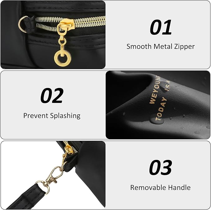 JINSI Small Makeup Bag Travel Cosmetic Bag Toiletry Zipper Pouch Make Up Organizer Bag with Handle Purse for Women Soft PU Leather Skincare Case (Black)