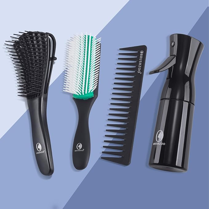 BRUSHZOO Detangler Hair Brush with Hair Spray bottle, Hair Brush for Curly Hair, 9 Row Brush Wide Tooth comb (Green)