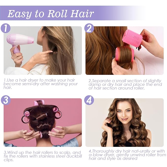 5 Size Hair Rollers, 72Pcs Roller Set, Hair Curlers for Blowout Look Long, Short Hair, Jumbo Large Big Small 30 Hair Rollers, 40 Roller Clips, Tail Comb, Storage Bag