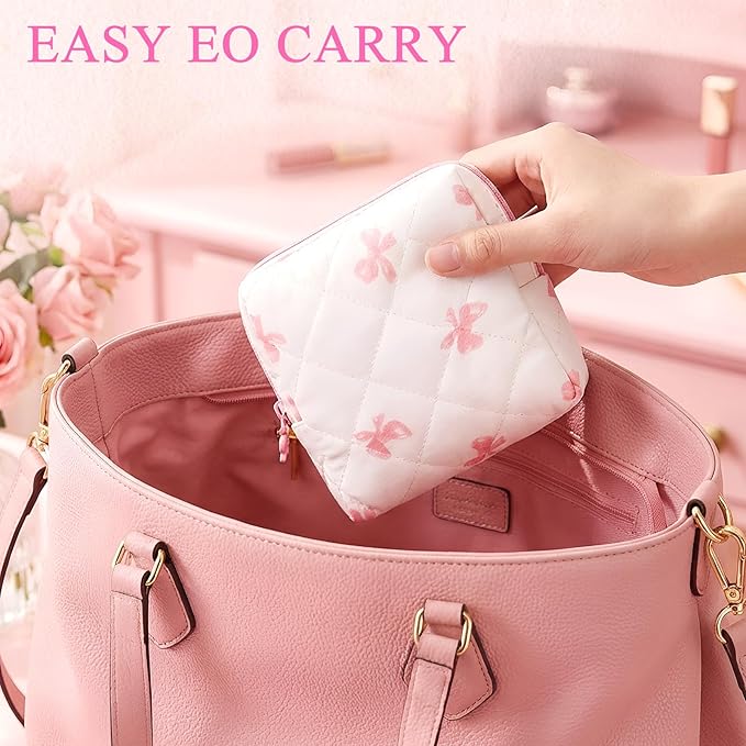 Paterr 4 Pcs Mini Quilted Floral Makeup Bag Pink Bow Cosmetic Bag Small Coquette Quilted Pouch with Zipper Cute Kawaii Cotton Travel Toiletry Bags for Girls Back to School Teacher Students Gifts