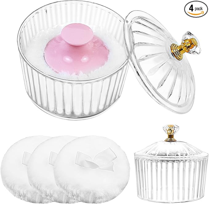 5Pcs Dusting Powder Container with Puff, 3.4 Inch Acrylic Body Powder Containers with Large Soft Puff Loose Dusting Powder Container Reusable Powder Applicator for Women Baby Body Face Makeup