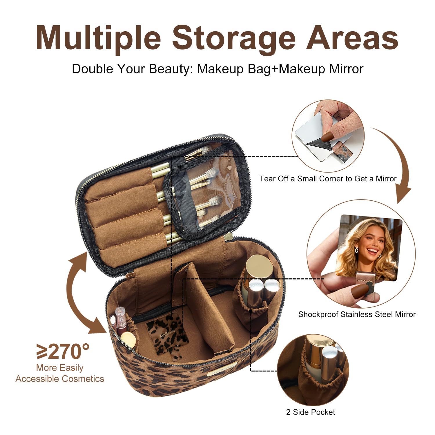 AmBealla Large Makeup Travel Bag Cosmetic Bags with Makeup Mirror and Brush Holder,Makeup Organizer Leopard Print for Women,Portable Toiletry Bag for Fashion Girls