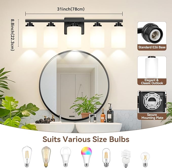 VerRon 5-Light Bathroom Light Fixtures, 31" Black Modern Vanity Lights