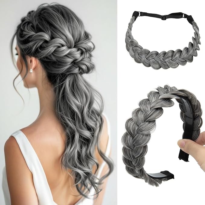 CJL HAIR 2PCs Braided Headbands Hair Piece for Women Synthetic Hair Hoops Head Bands Handmade Braid Hairband Accessories Elastic Stretch Headwrap Dark Grey