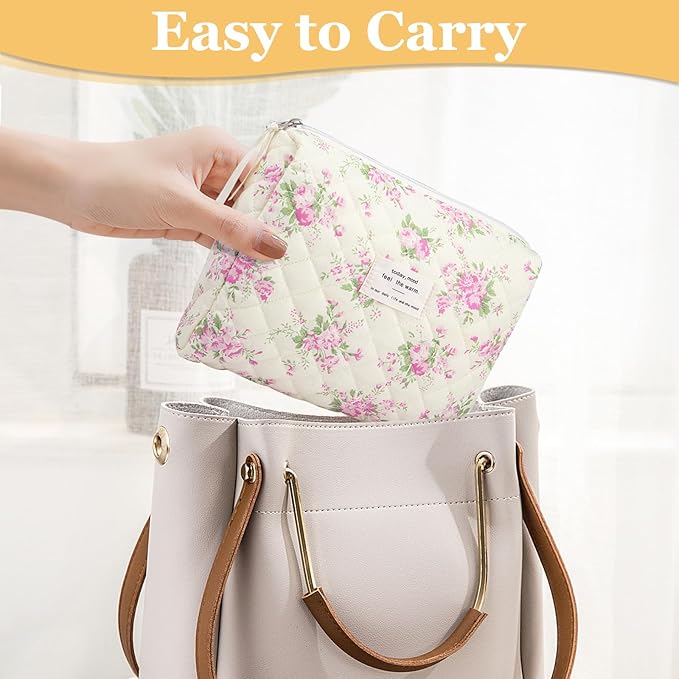 Gosect Floral Makeup Bag, Small Cosmetic Bag for Women Girls, Cute Cotton Makeup Bag, Quilted Makeup Bags, Flower Travel Toiletry Organizer Bag(Pink Flower)