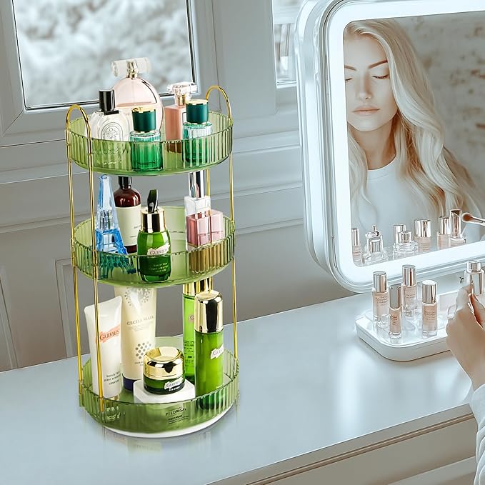 Niluks 360 Rotating Makeup Organizer - Large Capacity Spinning Perfume & Cosmetic Skincare Holder for Vanity & Countertop (Gem Green, 3 Tier)
