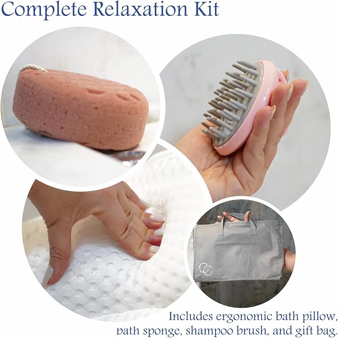 Luxury Bath Pillow for Tub – Neck & Back Support with Soft 4D Mesh, Non-Slip Suction Cups, Spa Gift Set with Exfoliating Sponge & Scalp Massager