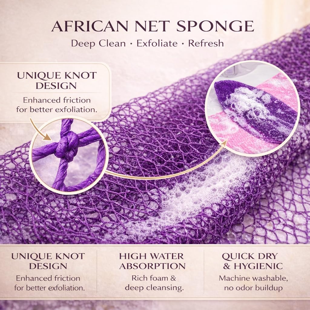African Net Sponge Authentic, 3 Pieces African Exfoliating Net Sponge Body Back Scrubber Exfoliating Washcloth for Shower Bath for All Types Skin (Brown+Yellow+Green, 3 Pcs)