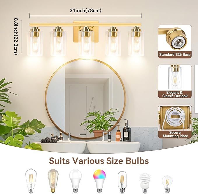 VerRon 5-Light Bathroom Light Fixtures, 31" Gold Modern Vanity Lights