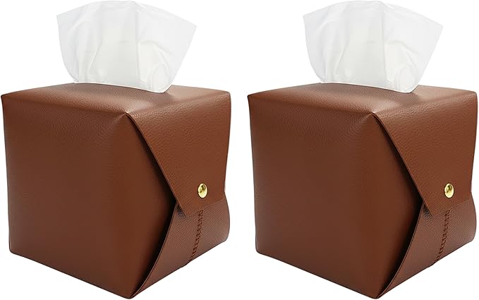 Frayot 2 Pack Tissue Box Cover Square, Faux Leather Tissue Holder Organizer with Side Openings for Bathroom, Vanity, Tabletop, Office (Brown)