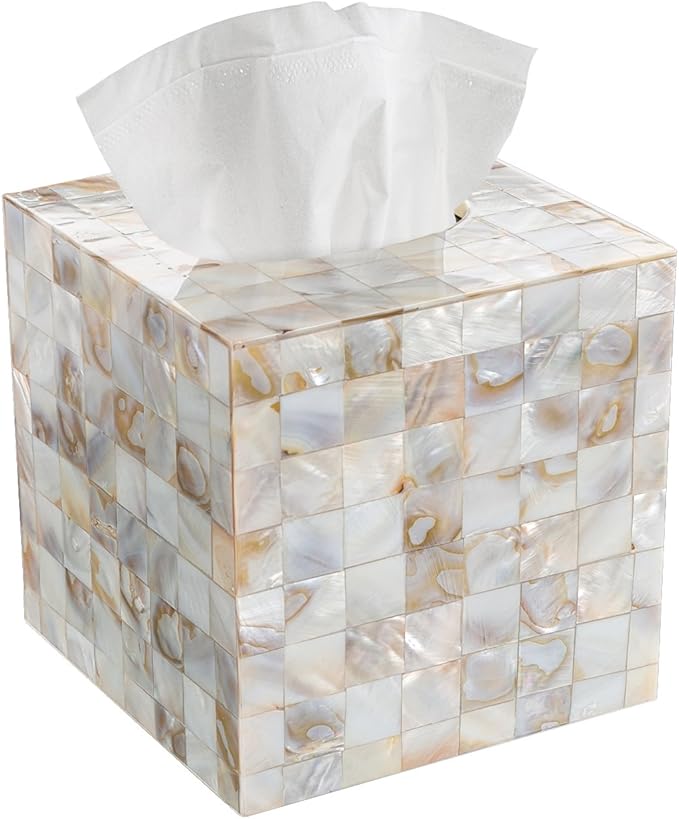 Milano Mother of Pearl Square Resin Tissue Box Cover with Bottom Slider