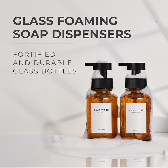 MaisoNovo Glass Foaming Soap Dispenser 14 Oz | Glass Bottles Pumps x 2 Amber