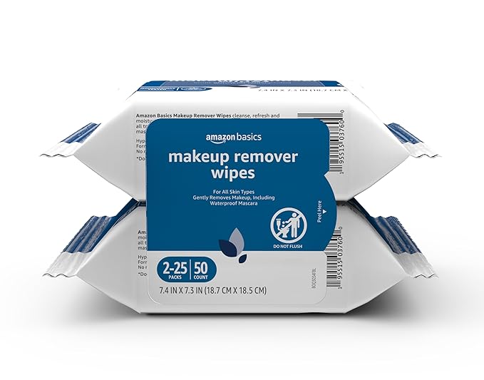 Amazon Basics Makeup Remover Wipes, Gentle Cleansing, Dermatologist Tested, pH-Balanced, Plant Based, Alcohol-Free, Removes Waterproof Mascara, 25 Count, 2-Pack