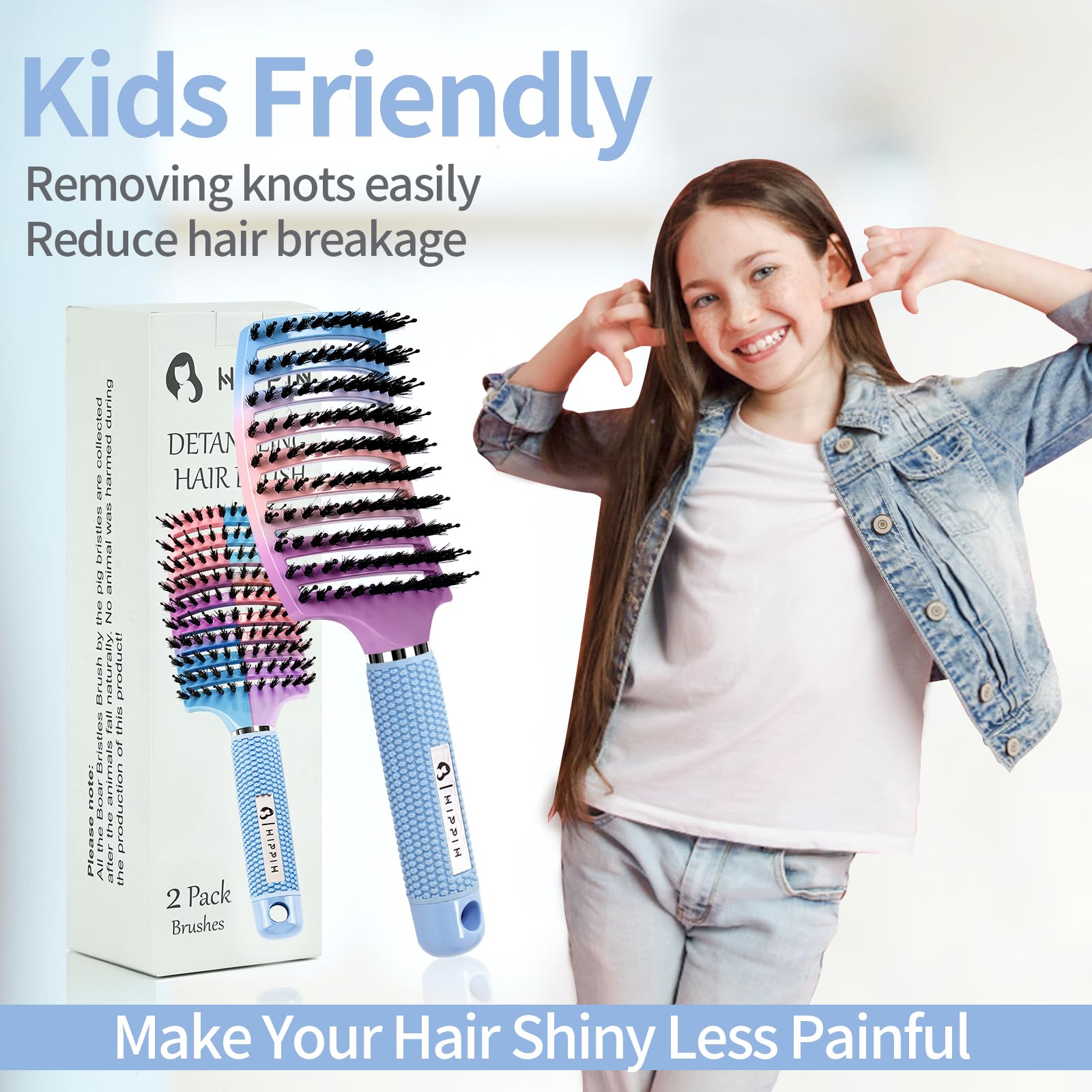 Boar Bristle Hair Brush Set of 2, HIPPIH Wet & Dry Hair Brushes Made by Fine Natural Boar Hair Can Adds Shine and Smoothing, Detangling Hairbrush for Women, Men & Kids' Long Curly Thick Hair