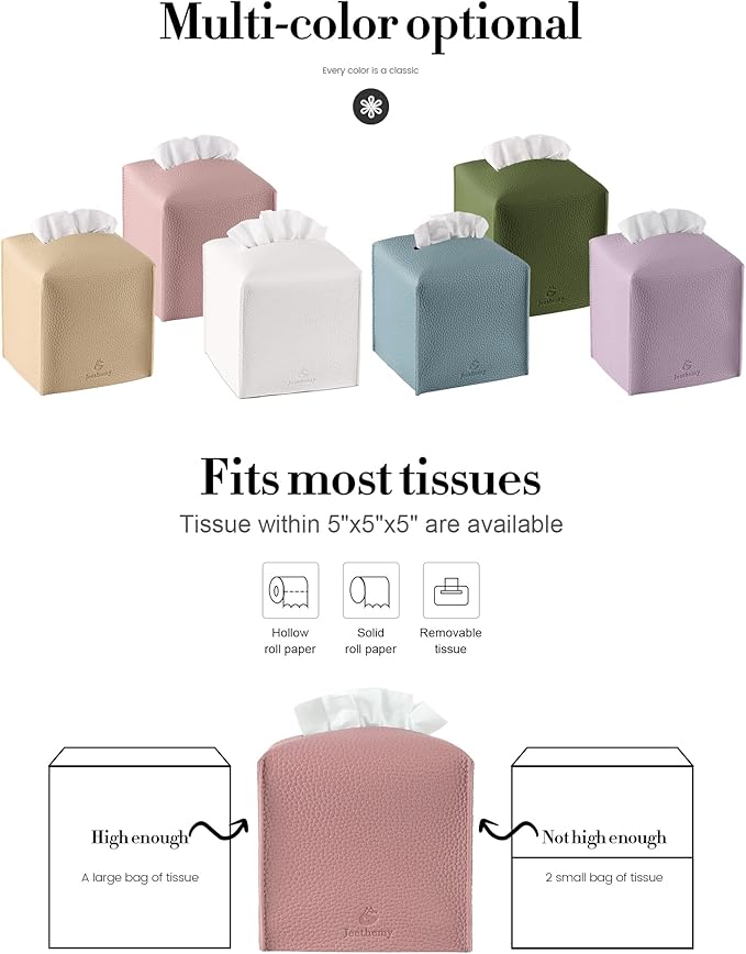 Tissue Box Cover, Jeethemy Square PU Leather Tissue Box Holder, Modern Tissue Case Facial Paper Organizer Dispenser，5X5X5'',Single Pink