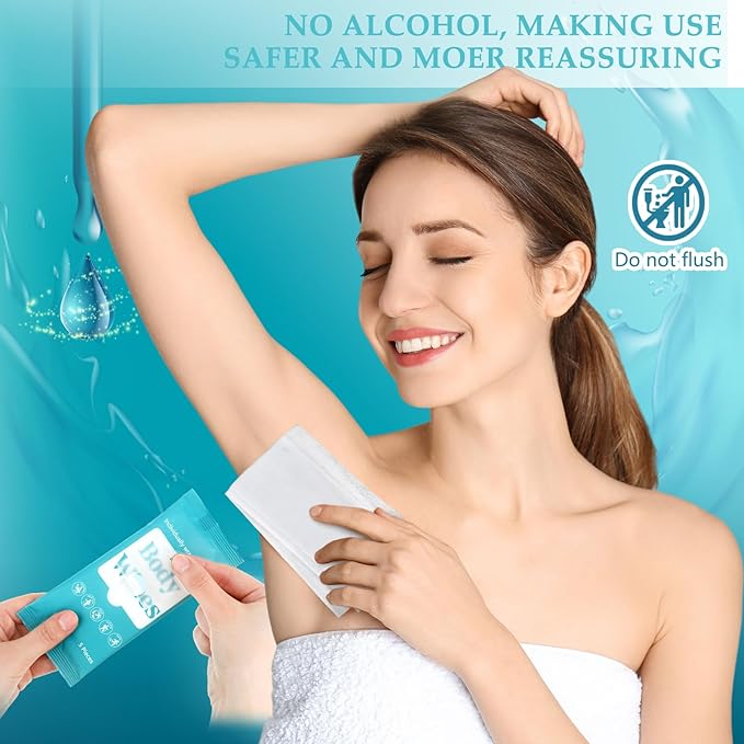 Threlaco 300 Pcs 60 Pack Body Wipes for Adults Bathing No Rinse Individually Wrapped Shower Wipes Washcloth with Aloe Cleansing Body Wash Cloths Disposable Bulk Deodorant Homeless(Blue Background)