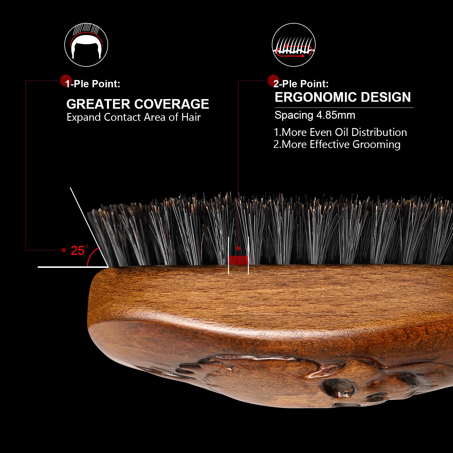 Eagle Fortress Boar Bristle Hair Brush for Men Hair Care - Beard Brush, Mustache Brush with Skull on Wooden Handle, Grooming & Styling Tool for Men, Standard Size