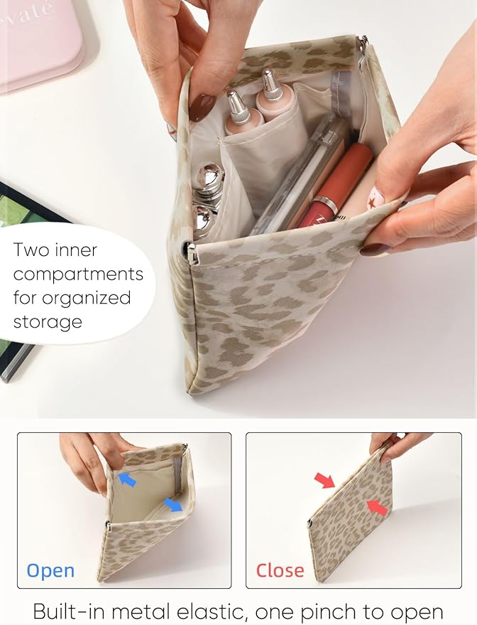 Ksriylm Leopard Leather Small Makeup Pouch for Women,Cosmetic Accessories,Waterproof and Portable Cosmetic Bag,Self-closing, No Zipper, Aesthetic Storage Pouch,Lipstick for Purse,Oyster Grey Brown