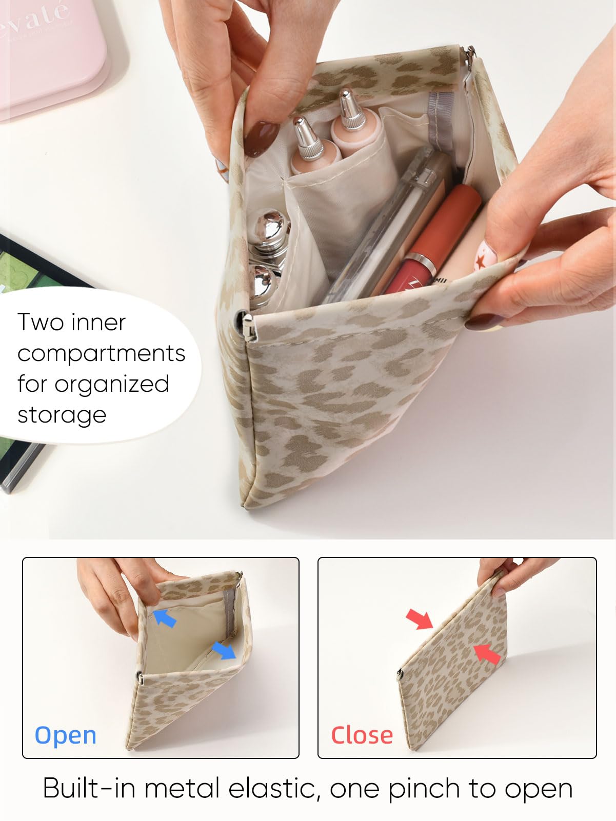 Ksriylm Leopard Leather Small Makeup Pouch for Women,Cosmetic Accessories,Waterproof and Portable Cosmetic Bag,Self-closing, No Zipper, Aesthetic Storage Pouch,Lipstick for Purse,Oyster Grey Brown