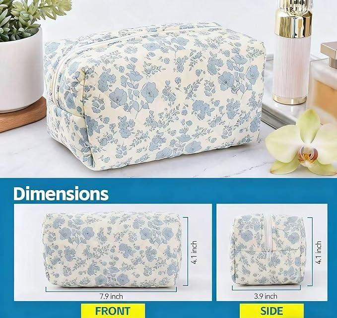 MZLUWM Puffy Coquette Floral Quilted Makeup Bag - Large Fashionable Travel Pouch, Cute Blue