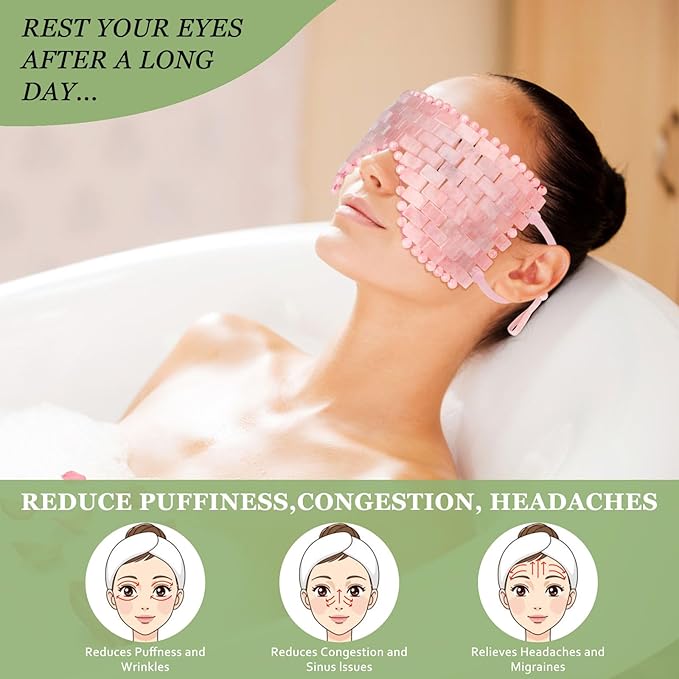 LazyGa Natural Jade Eye Mask and Rose Quartz Eye Mask Set - Soothing & Relaxing Alleviate Puffiness and Migraines with Cooling and Warming Therapy (2 Pcs)