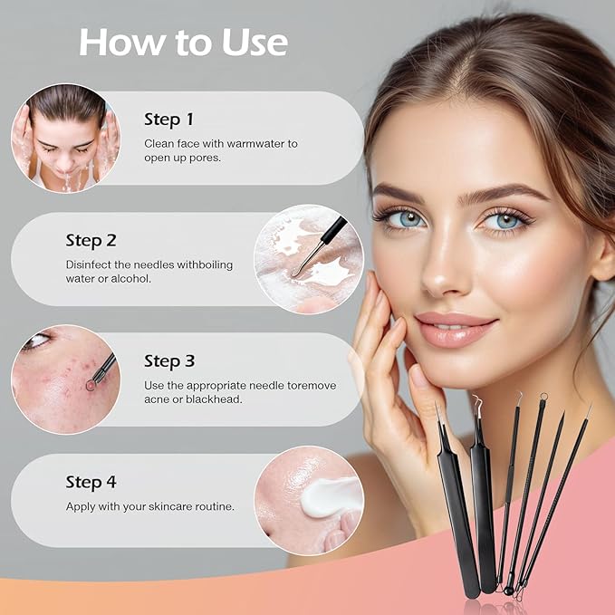 Blackhead Remover Pimple Popper Tool Kit for Nose Face Skin Blemish Extractor Tool(6 Piece Kit),Black