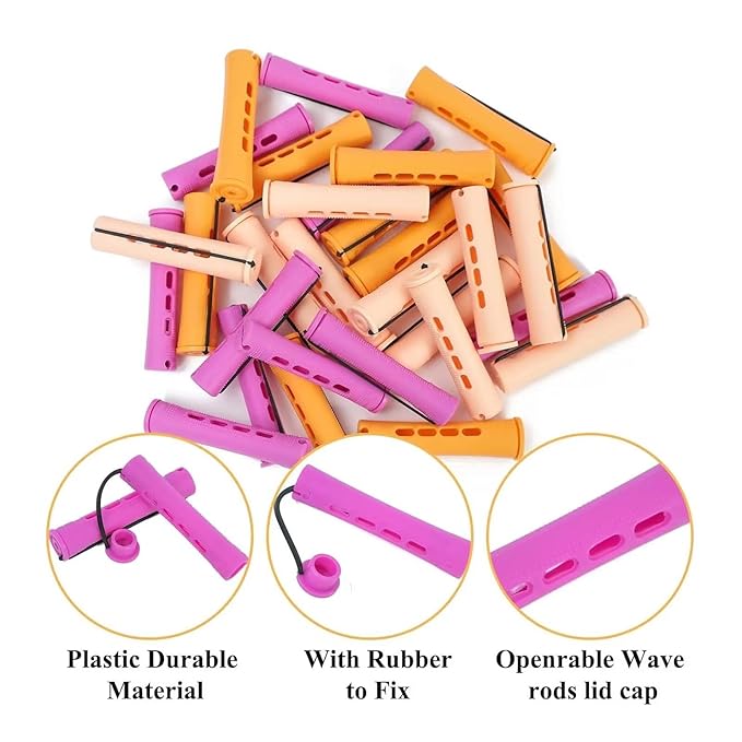60Pcs Hair Perm Rods Set - 3 Sizes Plastic Cold Wave Rods with Elastic Rubber Band Non Slip, Perming Rods for Long Short Natural Hair Hairdressing Tools（Purple+Orange+Beige)