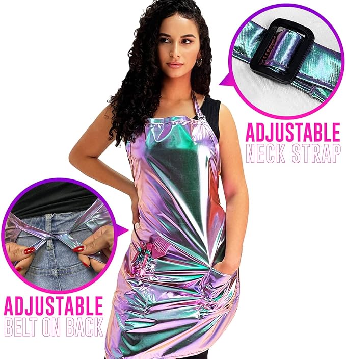 Betty Dain The Aurora Collection Salon Stylist Apron, Flattering Cut, Stylish Colorblock, Durable Fabric, Water, Color, and Chemical Proof, Zipper Pockets, Adjustable Neck Closure, Holographic Design