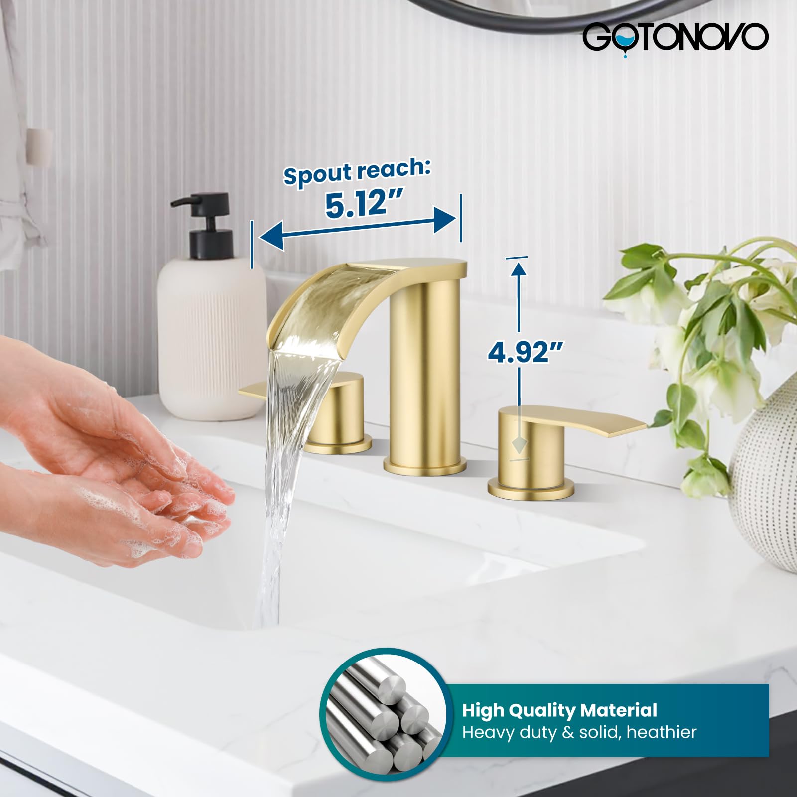 gotonovo Waterfall Bathroom Faucet 3 Hole Round Body,Brushed Gold