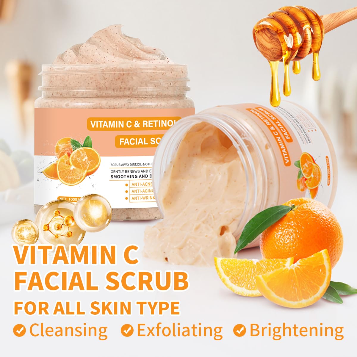 Vitamin C Face Scrub, Exfoliating Facial Wash with Retinol, Facial Scrub,Facial Exfoliating Scrub, Facial Scrubs for Women,Deep Cleansing Face Wash Cleanser for Women Men