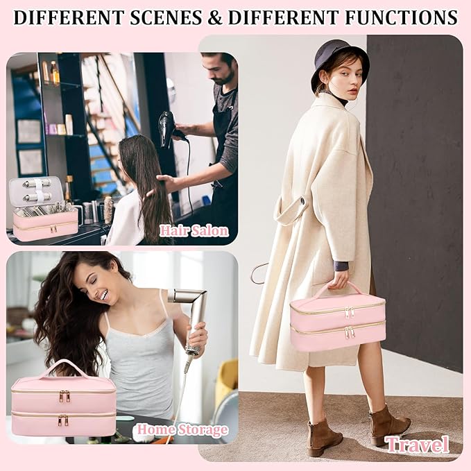 Sambois Travel Carrying Case for Shark Flex Style, Double Layer Storage Case for Shark SpeedStyle Hair Dryer Attachments, Waterproof PU Leather Organizer Bag for Shark Flexstyle Airwrap Styler (Pink)