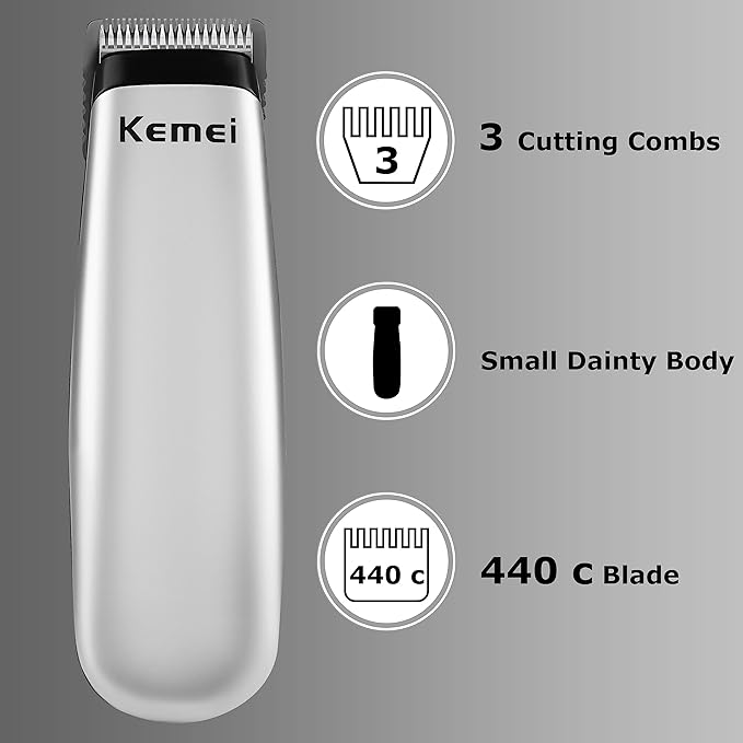 KEMEI Mini Hair Trimmer Compact, Portable Cordless Clipper for Men and Women, Precision Haircut and Shaving Tool Silver, Battery Powered and Travel Friendly