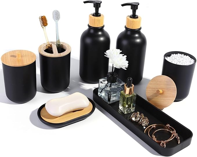 FNGJMJG Matte Black Bathroom Accessories Set 7 Pcs,Bamboo Bathroom Accessories Sets,Black Soap Dispenser and Toothbrush Holder Set,Qtip Holder,Vanity Tray,Soap Dish,Modern Bathroom Decor