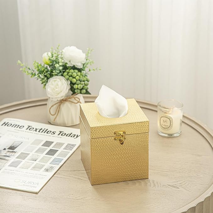 UPPER DECOR Gold Tissue Box Cover, Elegant Square Tissue Box Holder for Bathroom, Bedroom, and Office, Modern Decorative Tissue Box for Home Décor