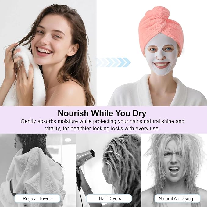 Microfiber Hair Drying Towel Wrap for Women, Hair Turbans Towel for Wet Hair,turbie Twist Hair Towels(The Color of the Picture is for Reference only) (Pink-Double Layer)