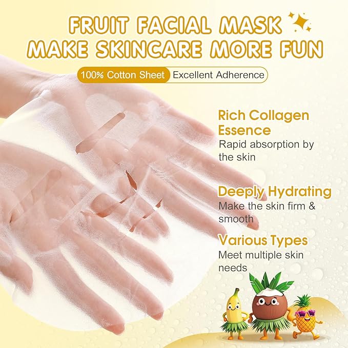 126 Pack Sheet Hydrating Face Masks Skincare for Women, Bulk Fruit Face Mask Skin Care for Kids, Facial Masks Set for All Skin Types, Sleepover Party Supplies, Spa Party Supplies for Girls Teens