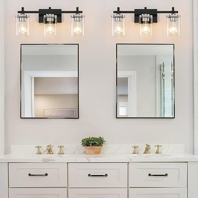 3-Lights Black and Brushed Nickel Bathroom Light Fixtures, Modern Black and Nickel Vanity Light with Clear Glass Shade, Wall Mount Lights Over Mirror for Bedroom Hallway Living Room
