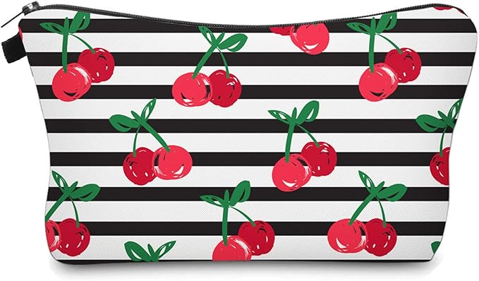 Aiphamy Cute Travel Makeup Bag Cosmetic Bag Small Pouch Gift for Women (Stripes Cherry)