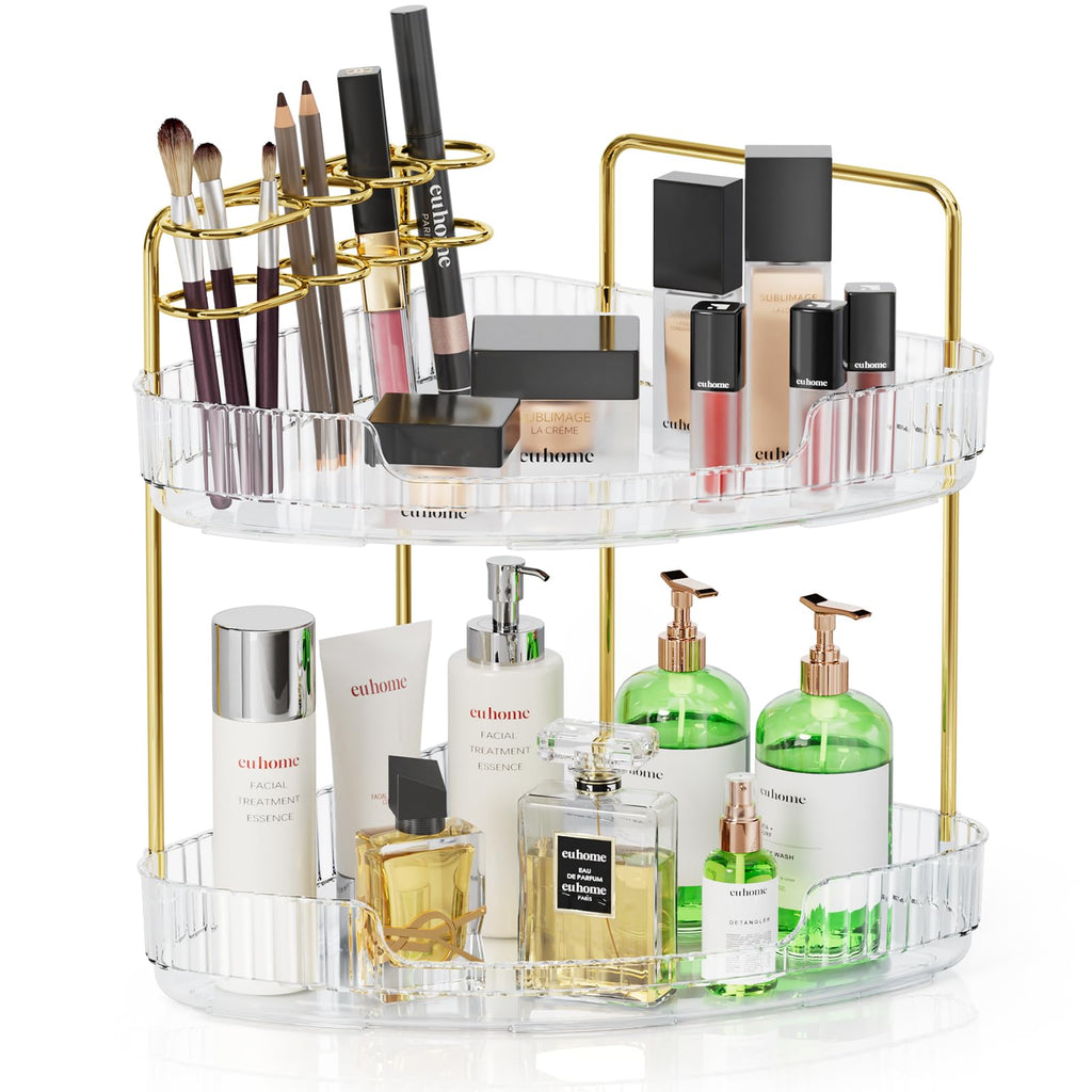 EUHOME 2-Tier Corner Bathroom Organizer Counter - Acrylic Makeup Skincare Organizer with Brush Holder, Perfume Tray for Countertop, Vanity, Dresser, Kitchen（Clear）