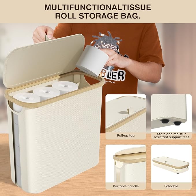 Toilet Paper Storage Basket with Lid and Handle, Foldable Toilet Paper Basket Organizer for Bathroom, Large Capacity Toilet Paper Holder with Storage for 12 Mega or 16 Regular Rolls, Beige
