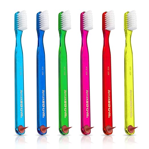 GUM Classic Toothbrush for Adults, Soft Bristles, Compact Head, Includes Rubber Tip Dental Pick, 1 Count (Pack of 6)